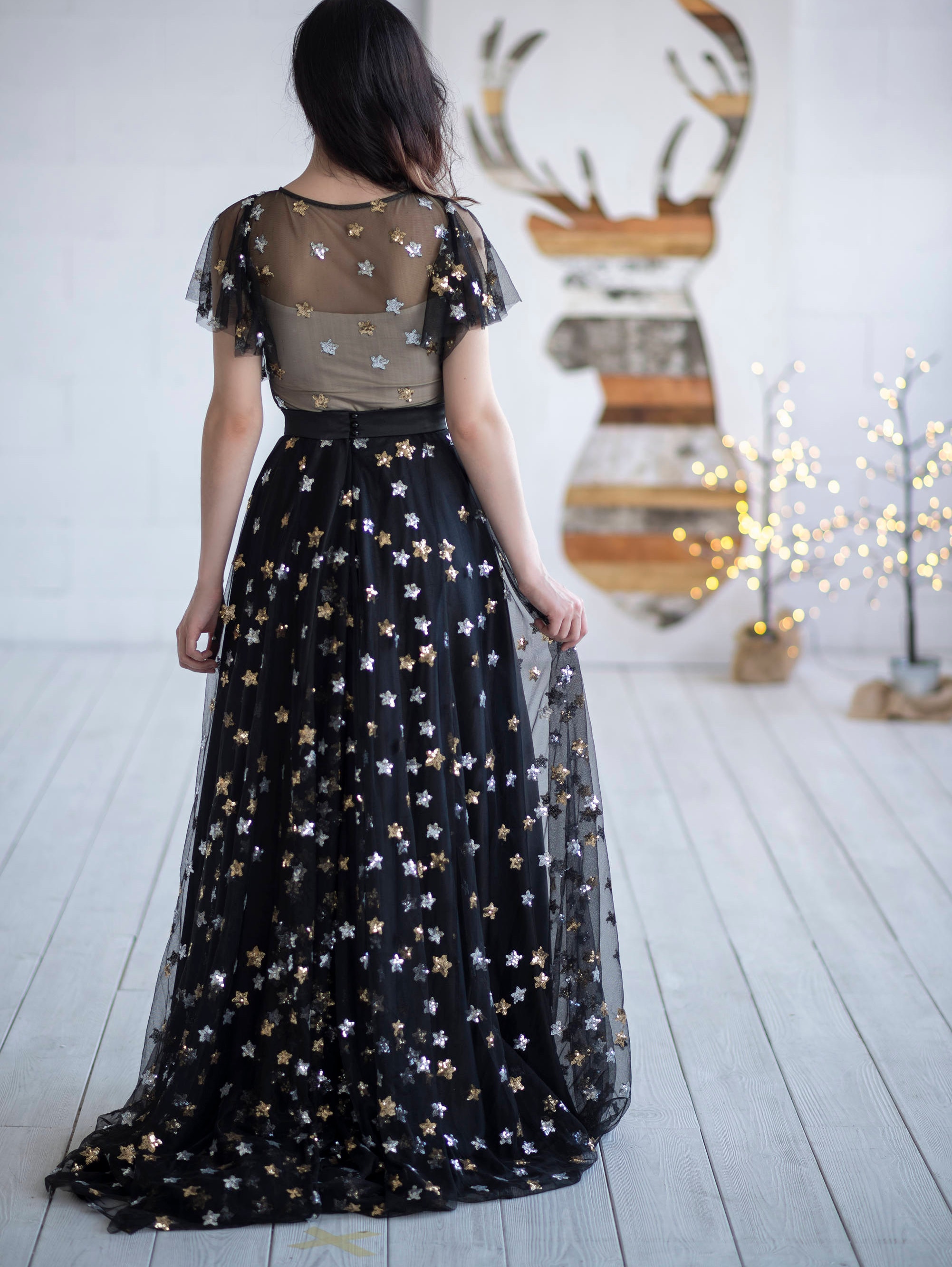 Black tulle top skirt with stars