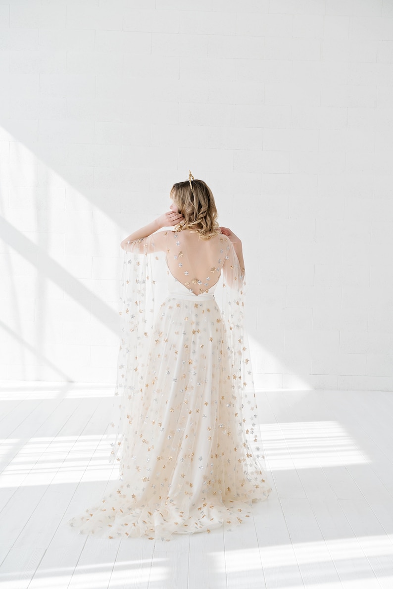 Estelle - celestial wedding skirt / bridal skirt with silver and gold sequin stars / unique wedding skirt in cream star tulle image 2