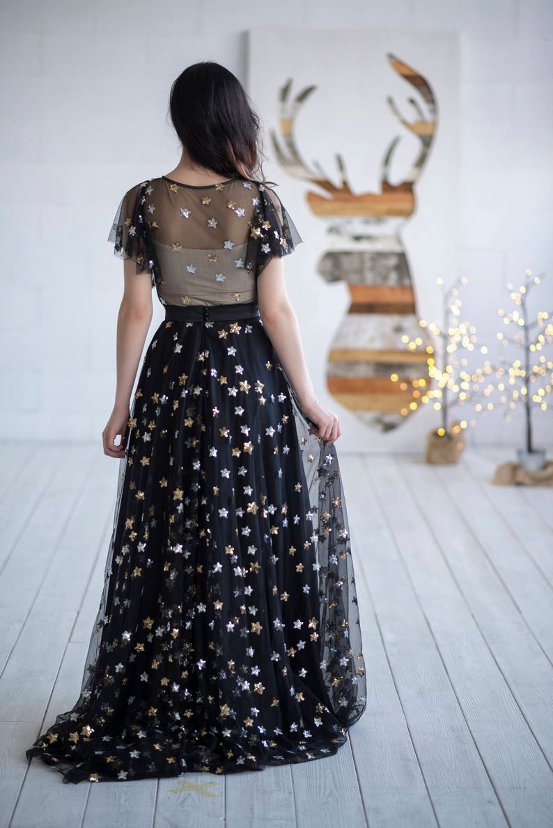 Tamsin black dress with sequin stars / alternative wedding dress / stars wedding dress / prom dress / performance dress / flutter sleeves image 5