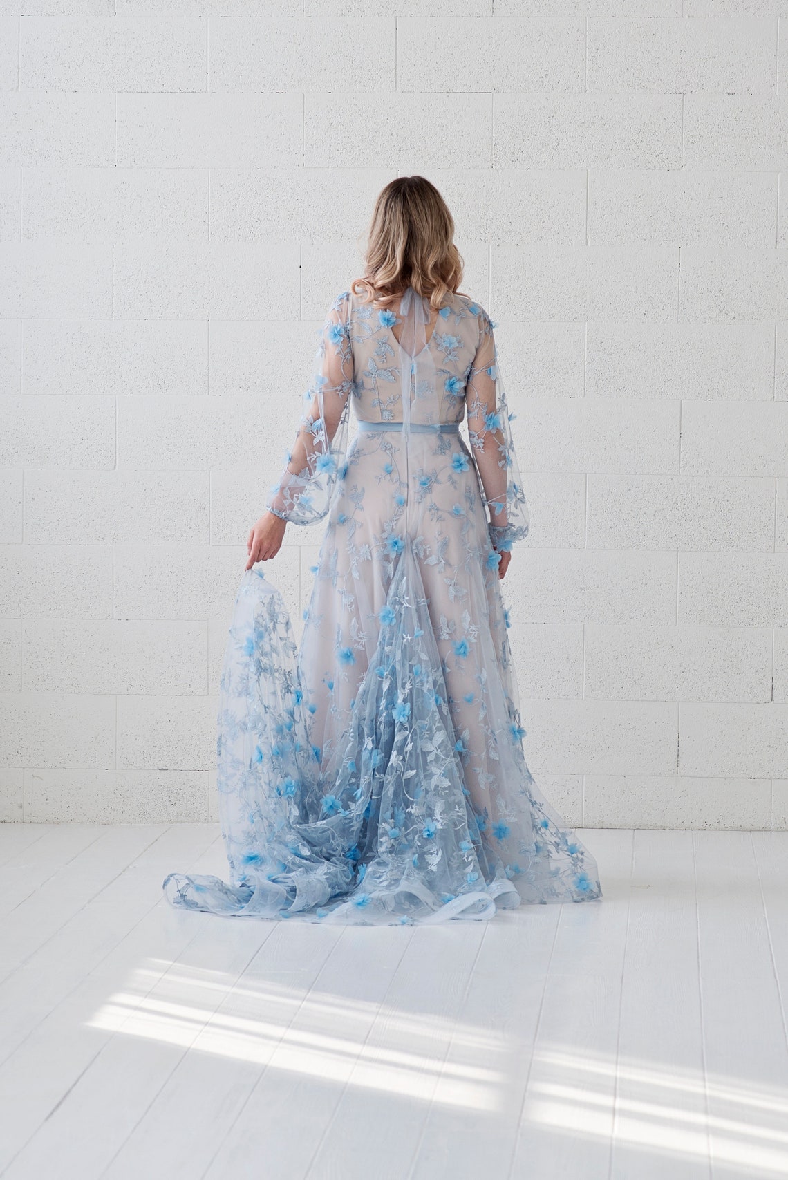 Azura Blue Wedding Dress / Unique Bridal Gown / 3D Floral Etsy