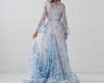 etsy blue wedding dress Heavily beaded wedding dress bridal gowns shower occasion blue purple 3D butterfly crystals ball gown off shoulder Basque waist corseted