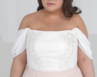 Seraphina - embroidered bridal corset with detachable off the shoulder chiffon sleeves