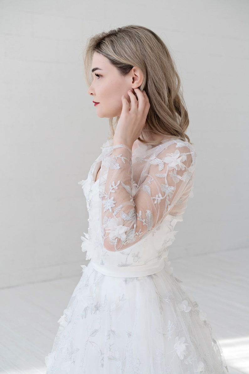 June long sleeves bridal cover up with 3D flowers image 4