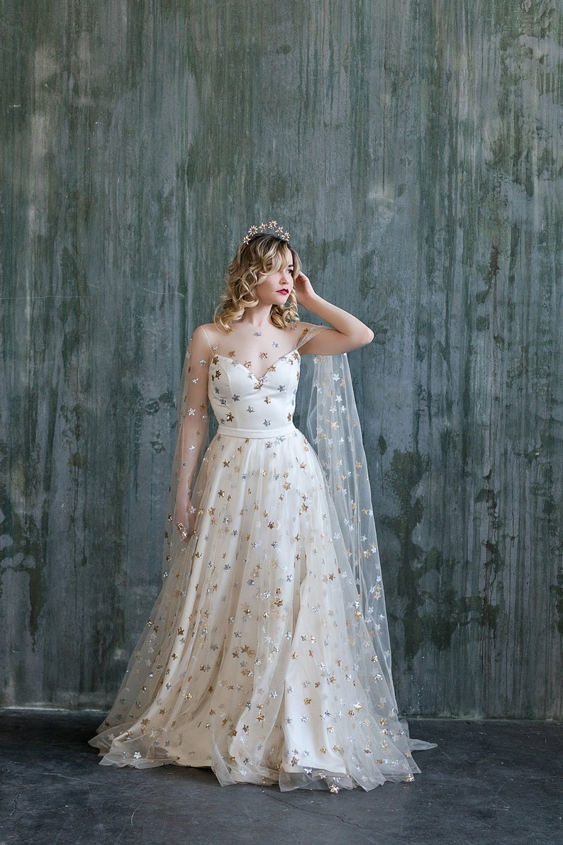 Estelle - celestial wedding skirt / bridal skirt with silver and gold sequin stars / unique wedding skirt in cream star tulle image 3