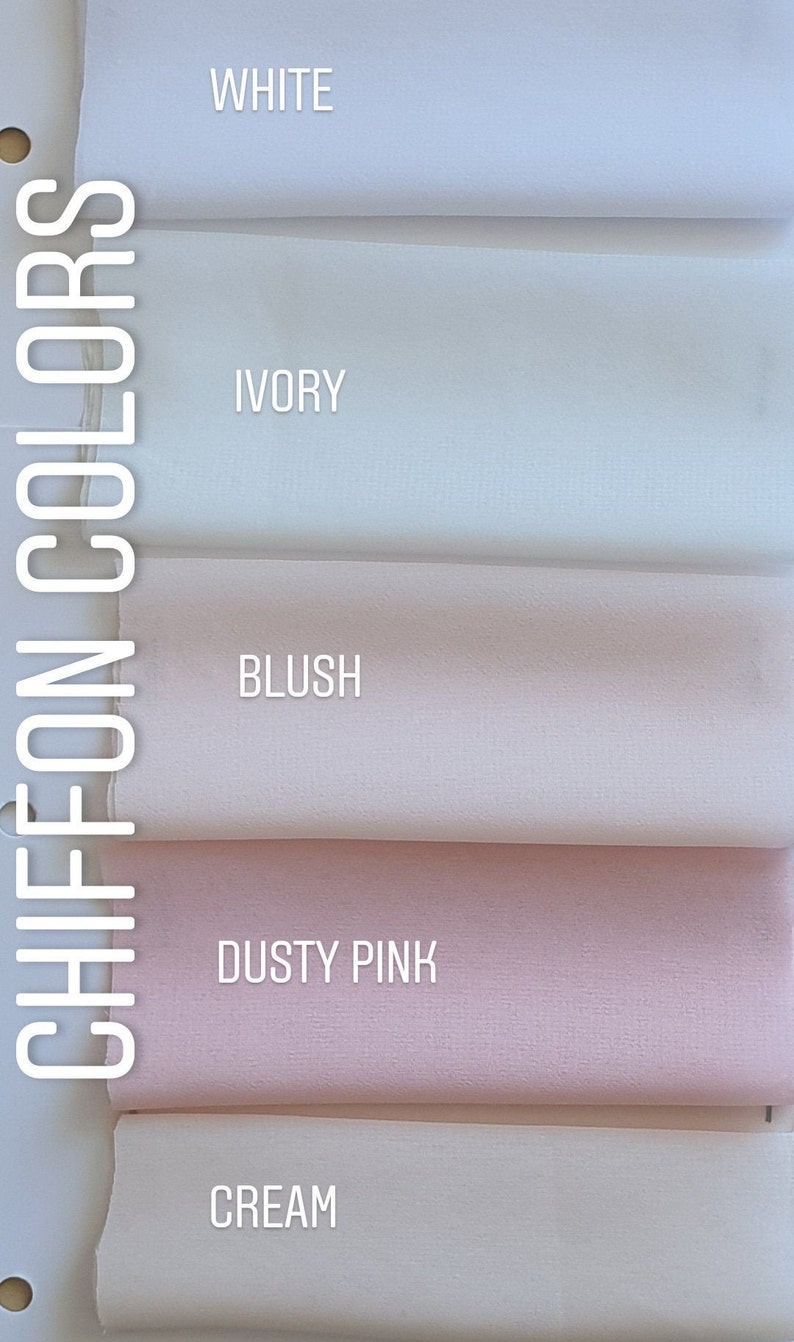 May include: Five fabric swatches in different colors. The swatches are labeled from top to bottom: WHITE, IVORY, BLUSH, DUSTY PINK, CREAM. The swatches are arranged in a vertical stack, with the white swatch at the top and the cream swatch at the bottom.