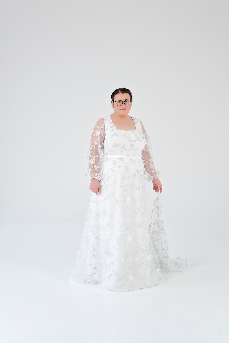 Azura floral wedding dress / unique bridal gown / 3D floral wedding dress / bustle wedding dress / poet sleeves gown / bridal separates image 1