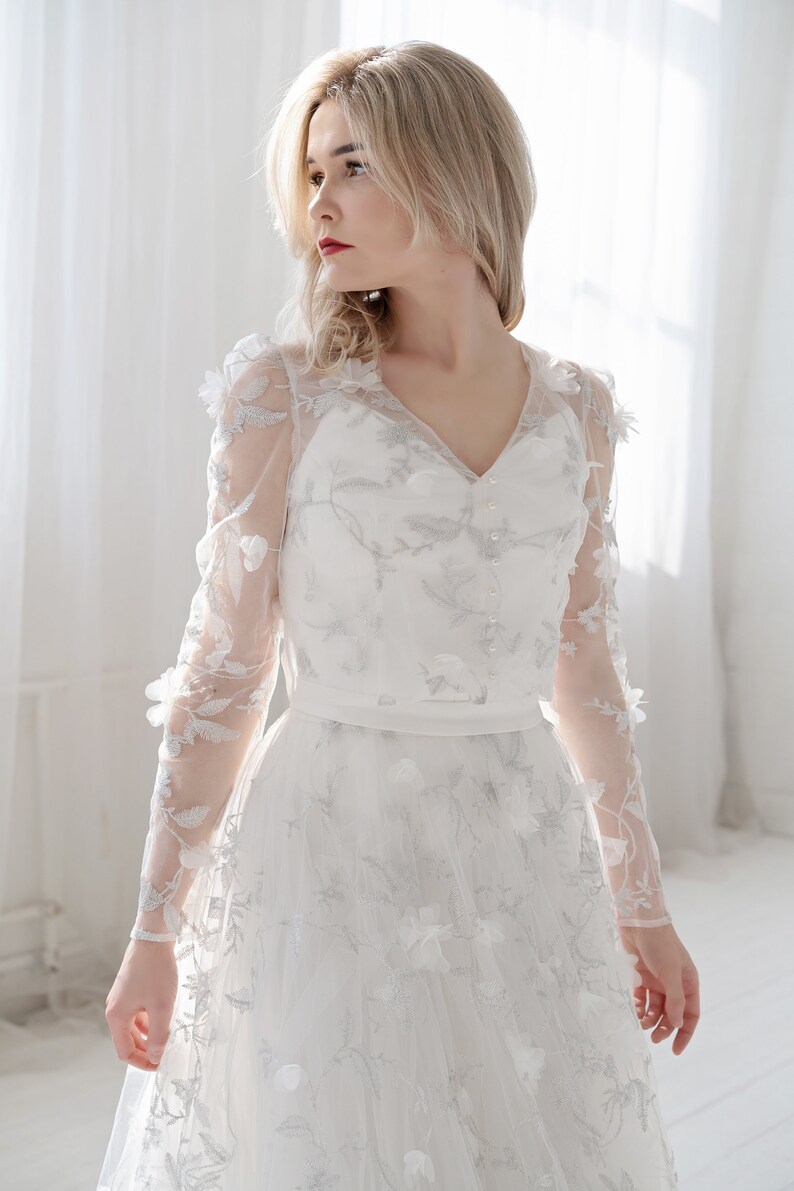 June long sleeves bridal cover up with 3D flowers image 6