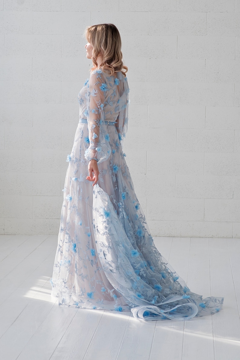 Azura floral wedding dress / unique bridal gown / 3D floral wedding dress / bustle wedding dress / poet sleeves gown / bridal separates image 6