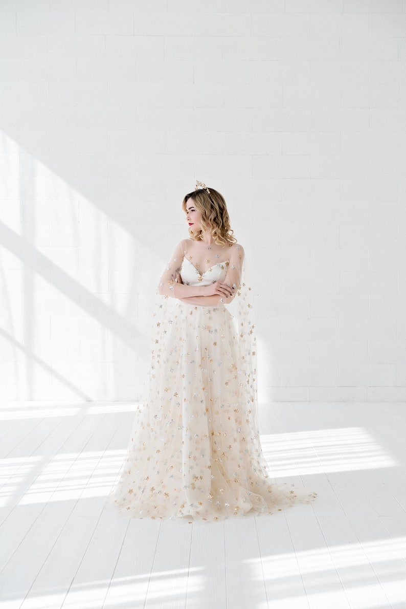 Estelle - celestial wedding skirt / bridal skirt with silver and gold sequin stars / unique wedding skirt in cream star tulle image 4