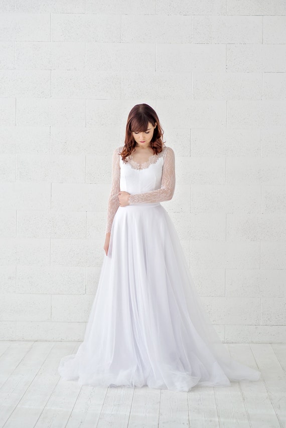 Yona - bridal lace bodysuit and flat tulle skirt - two piece wedding dress combination in any hand dyed custom color