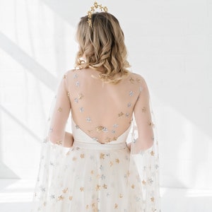 Estelle celestial bridal bodysuit with cape sleeves / silver and gold sequin stars wedding top / celestial bridal open back separate image 2