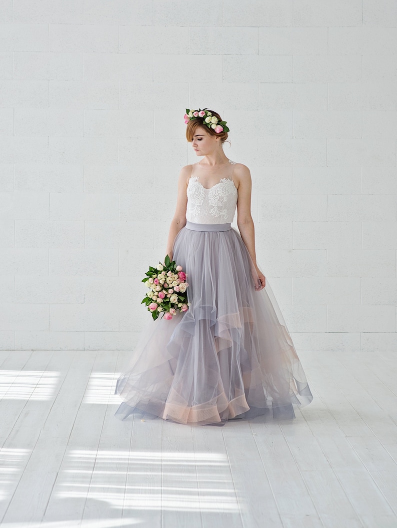 Eleonor - unique wedding dress / two piece bridal gown / horsehair wedding dress / grey wedding dress / illusion neckline lace bridal gown image 5