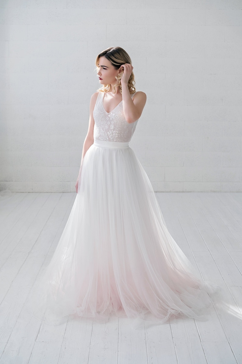 Helene very romantic bridal tulle skirt with a subtle dip dyed ombre bottom / touch of color wedding skirt / softest tulle wedding skirt image 6