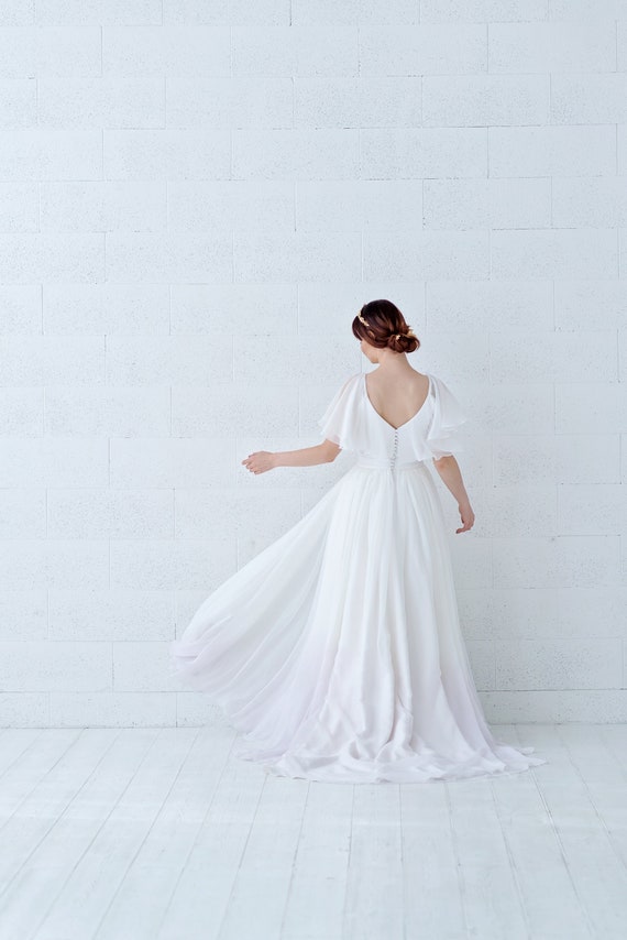 Tulia Cape Sleeves Chiffon Wedding Dress With Ombre Dip Dyed Bottom And Pockets