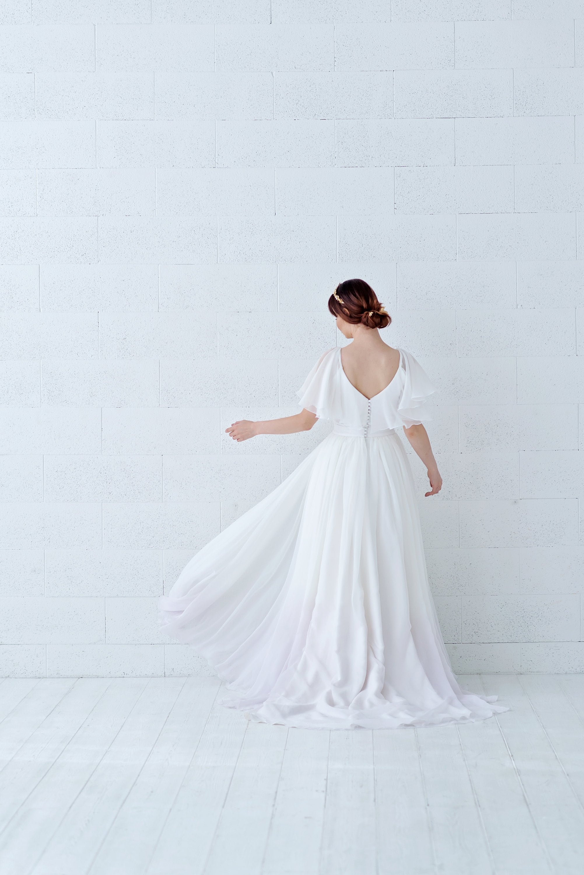 Tulia Cape Sleeves Chiffon Wedding Dress With Ombre Dip