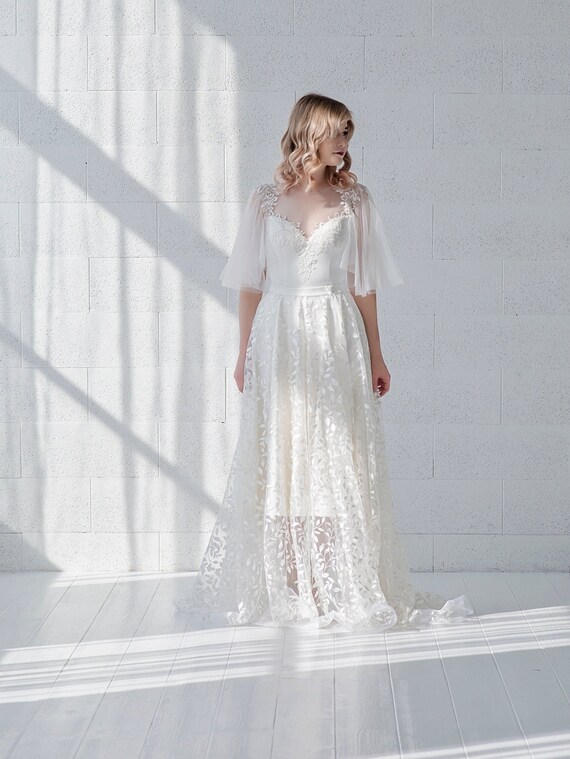 Willow Bridal Overskirt With Leaves Lace Overskirt Detachable