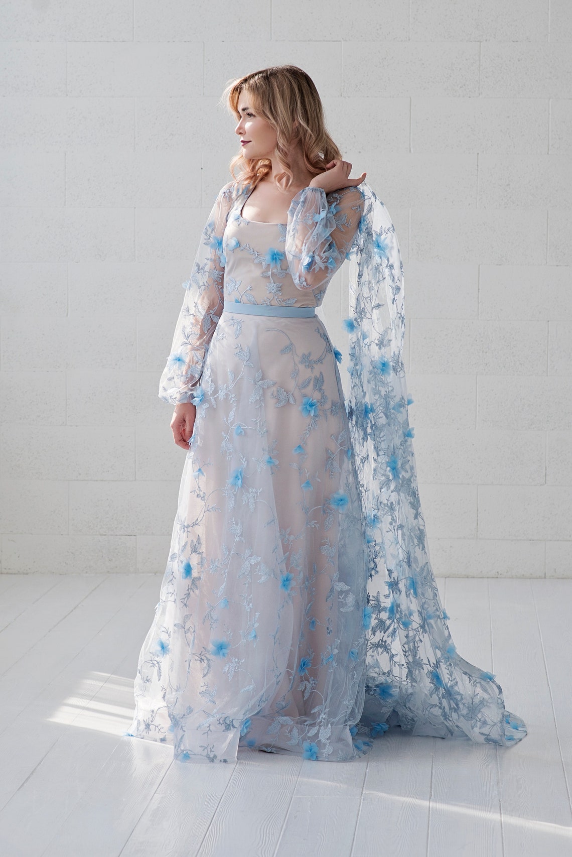 Azura Blue Wedding Dress / Unique Bridal Gown / 3D Floral Etsy
