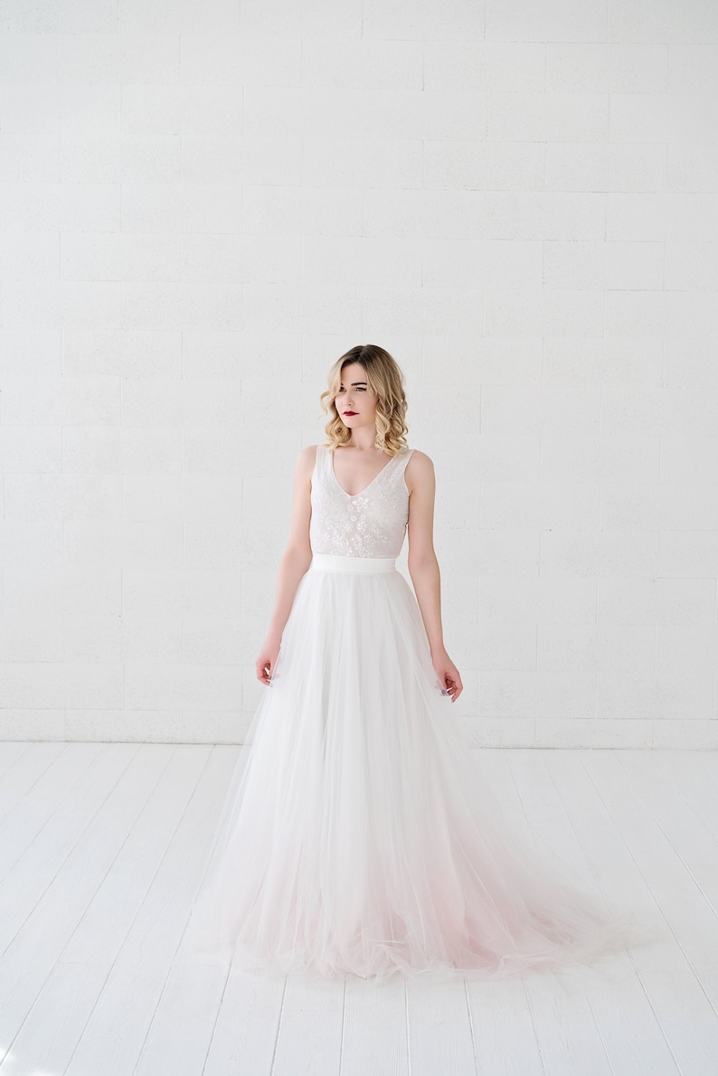 Helene very romantic bridal tulle skirt with a subtle dip dyed ombre bottom / touch of color wedding skirt / softest tulle wedding skirt image 1