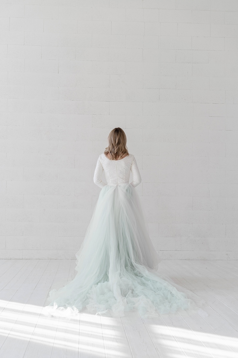 Raina ombre bridal skirt / tulle wedding skirt / bridal skirt / eucalyptus green bridal skirt / sage green tulle skirt with a long train image 2