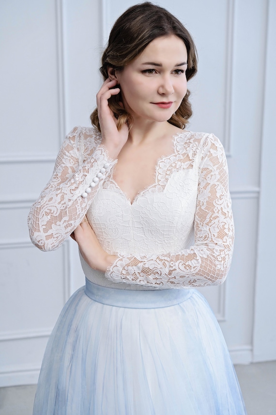 Monica Bridal Lace Bodysuit / Wedding Bodysuit Top / Sweetheart Neckline  Bridal Top / Retro Looking V Neck Bridal Top / Button Sleeves Top 