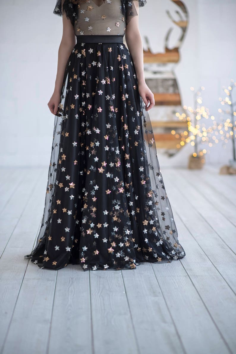 Tamsin black dress with sequin stars / alternative wedding dress / stars wedding dress / prom dress / performance dress / flutter sleeves image 9