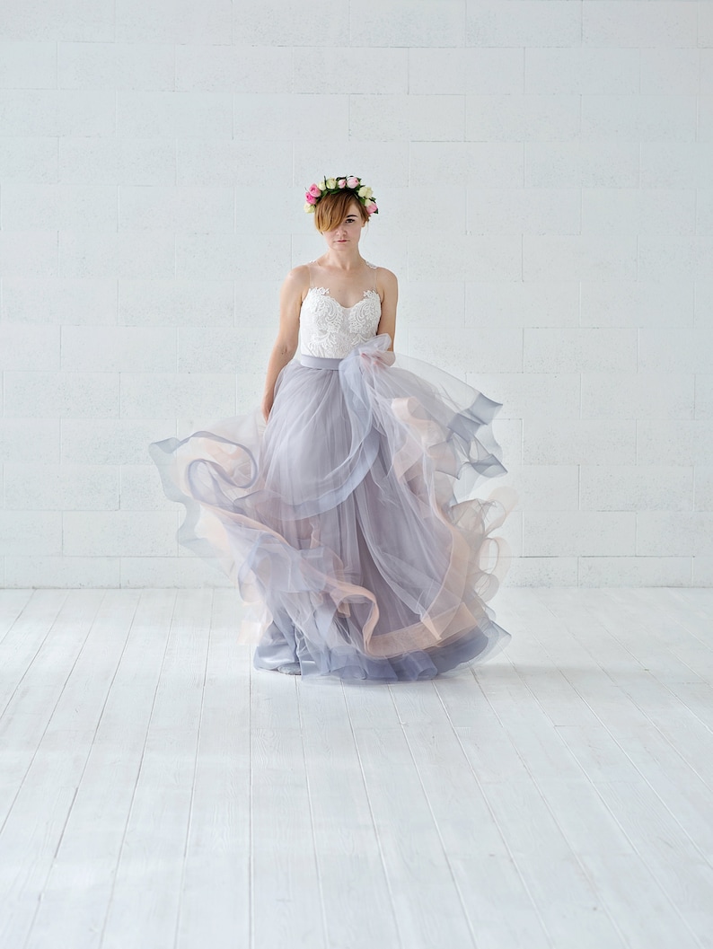 Eleonor - unique wedding dress / two piece bridal gown / horsehair wedding dress / grey wedding dress / illusion neckline lace bridal gown image 4
