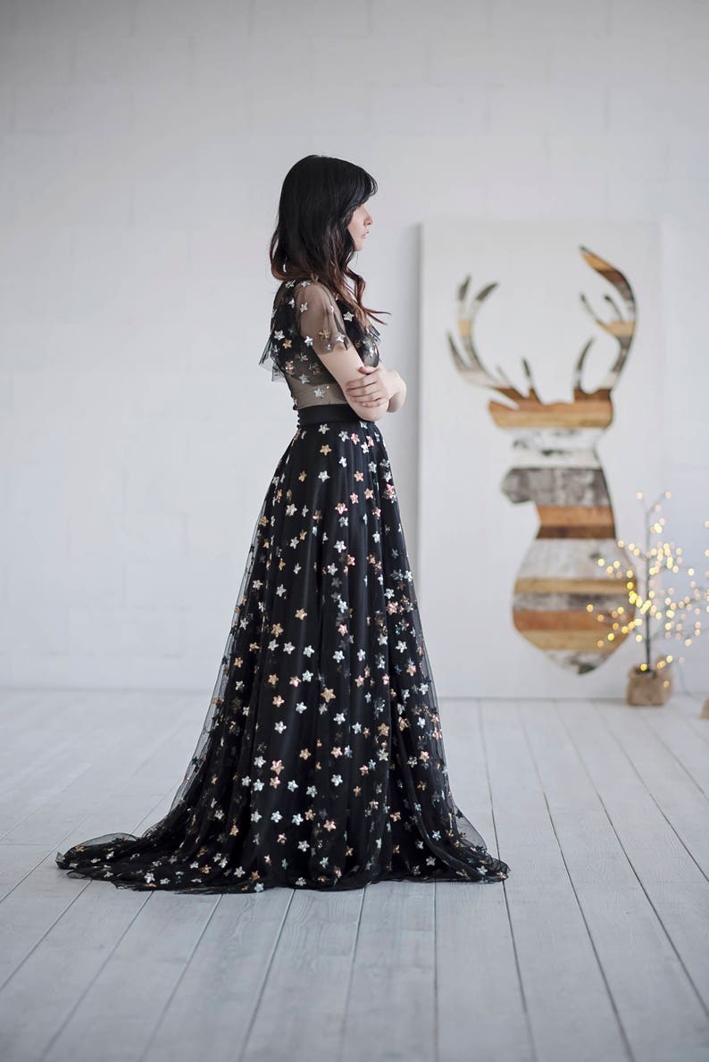 Tamsin black dress with sequin stars / alternative wedding dress / stars wedding dress / prom dress / performance dress / flutter sleeves image 7