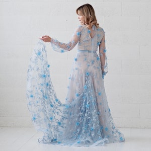Azura - blue wedding dress / unique bridal gown / 3D floral wedding dress / bustle wedding dress / poet sleeves gown / bridal separates image 2