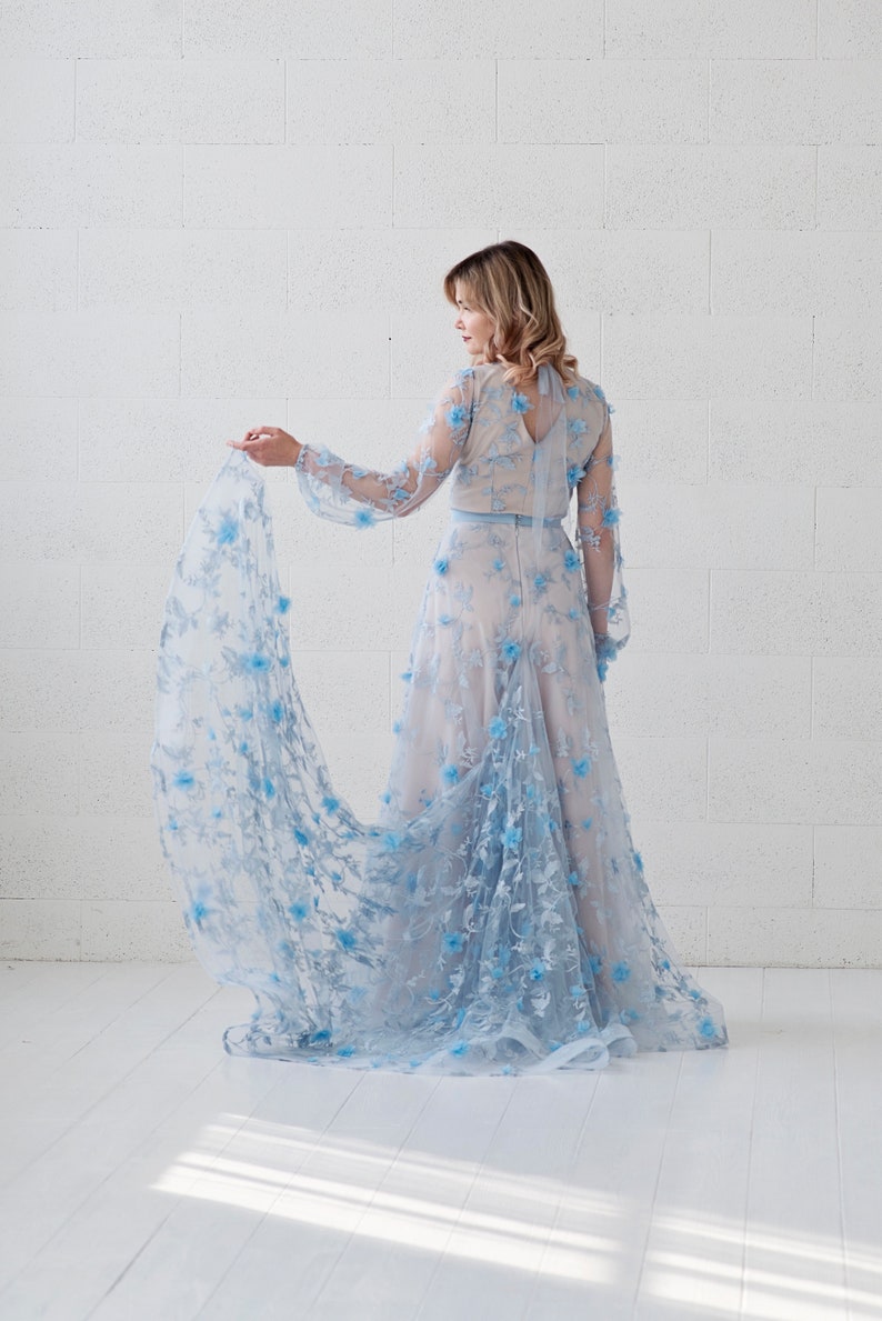 Azura - blue wedding dress / unique bridal gown / 3D floral wedding dress / bustle wedding dress / poet sleeves gown / bridal separates image 2