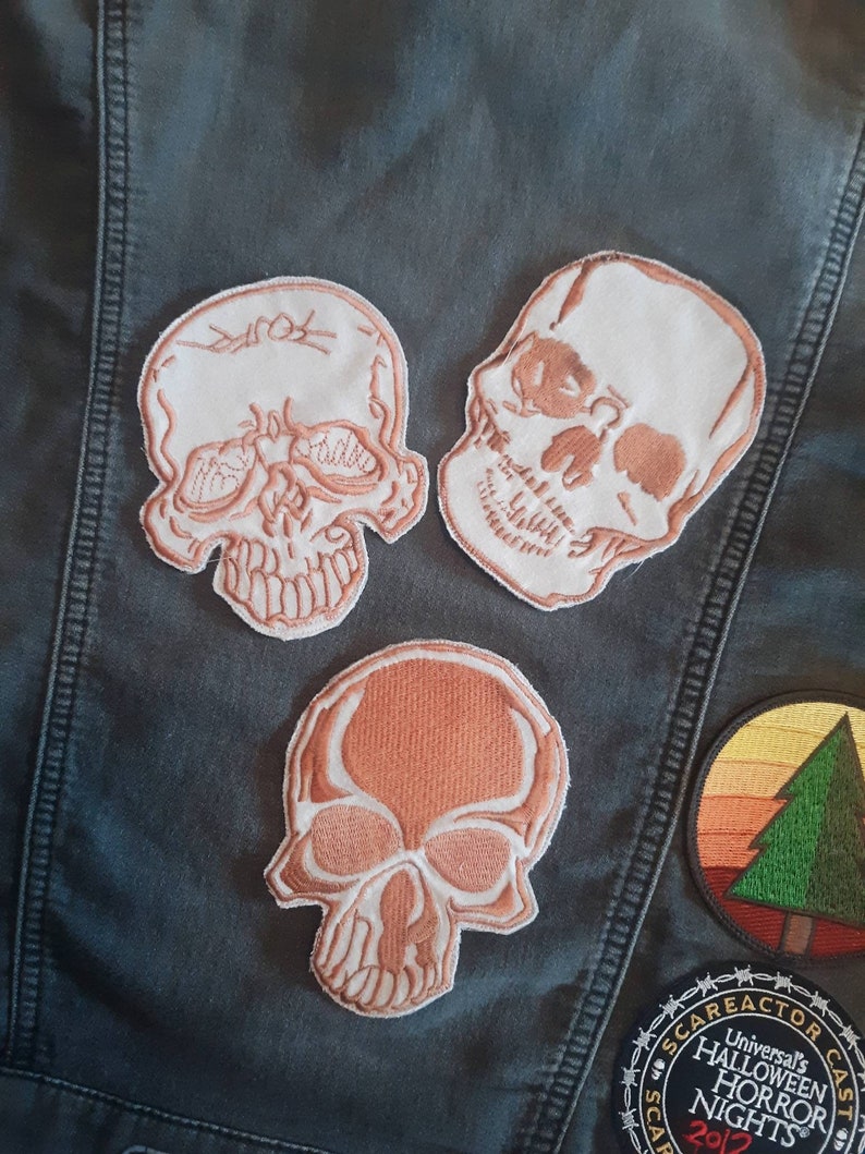 biker orange skull for battle vest or denim jacket Iron on patch punk diy alt fashion skeleton made from upcycled t-shirt graphic