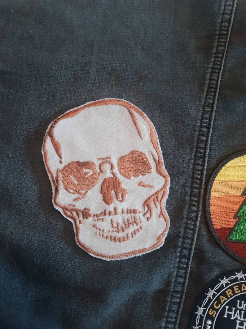 biker orange skull for battle vest or denim jacket Iron on patch punk diy alt fashion skeleton made from upcycled t-shirt graphic
