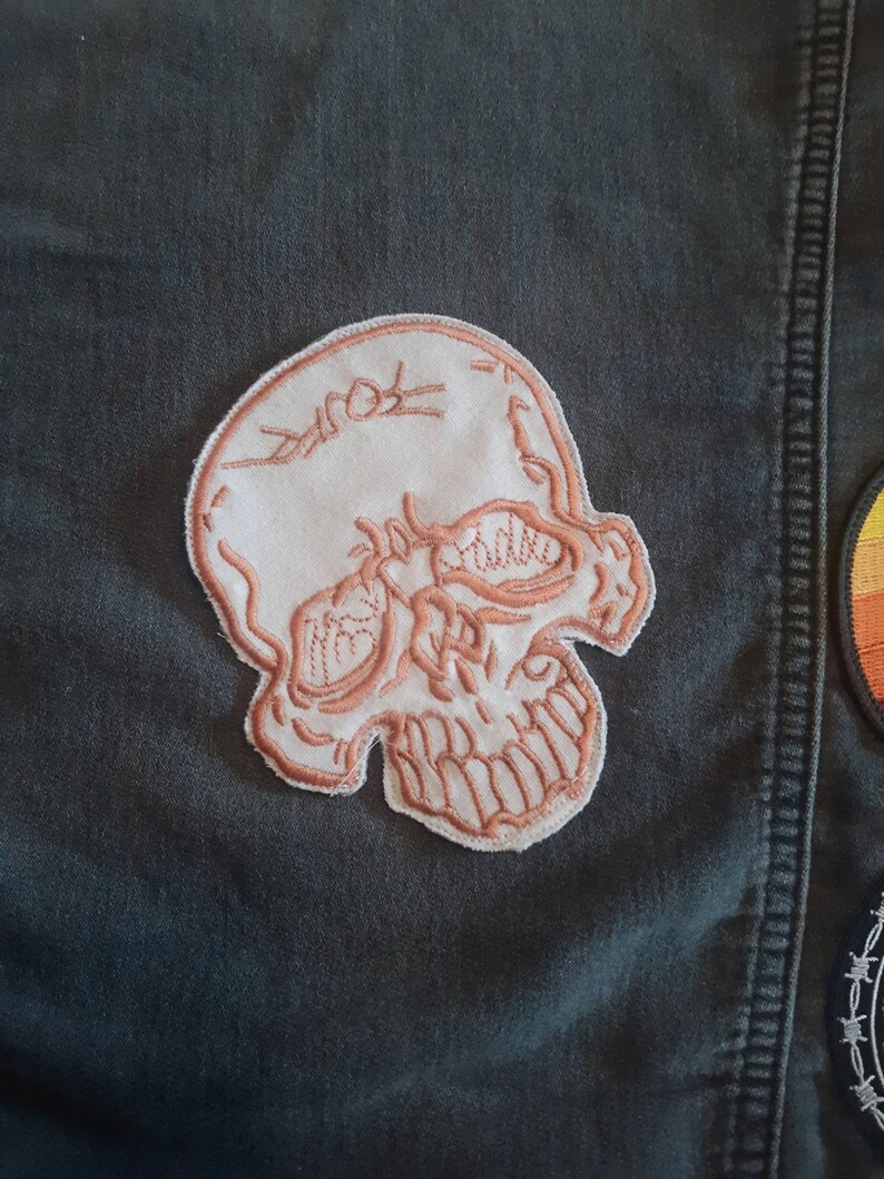 biker orange skull for battle vest or denim jacket Iron on patch punk diy alt fashion skeleton made from upcycled t-shirt graphic