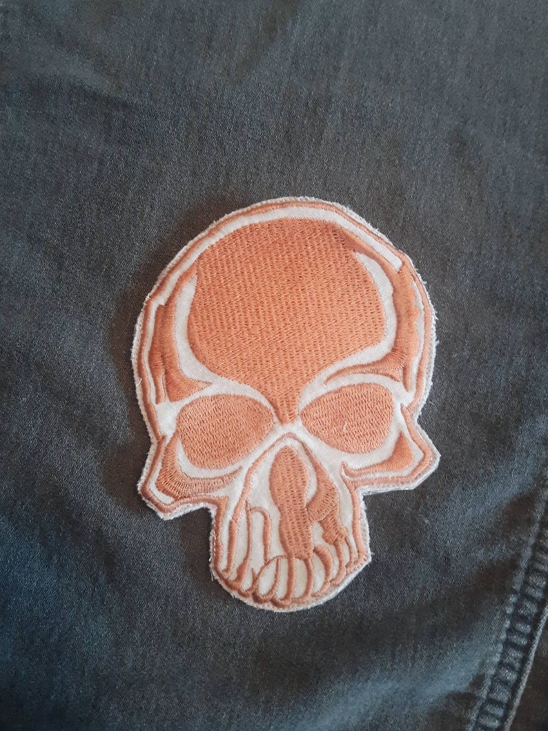 biker orange skull for battle vest or denim jacket Iron on patch punk diy alt fashion skeleton made from upcycled t-shirt graphic