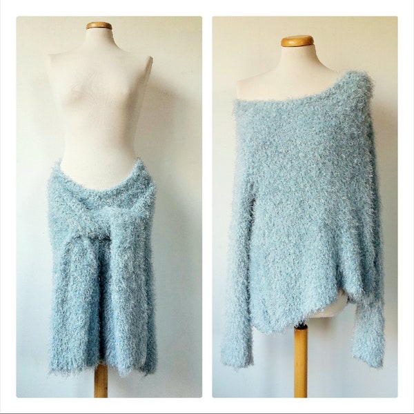 90s Y2K Faux Fur Multi Wear Baby Blue Super Soft Fluffy Shaggy 2 In 1 Oversize Jumper Or Skirt One Size Fits Most Small Medium Large S M L