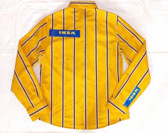 IKEA Iconic Logo Patch Official Work Uniform Yellow Stripe Print Long Sleeve Button Front Female Shirt Blouse Women's Xsmall Small XS S