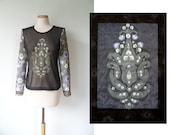 90s Y2K Sheer Digital Indie Print Black Front Contrast Boho Daisy Floral Green Back See Through Net Long Sleeve Mesh Top Small Medium S M