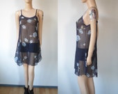 90s Blue Sexy Sheer Chiffon Rose Flower Print Spaghetti Strap Sleeveless Slip Mini Dress Camisole Night Lingerie Gown Nightie Womens Small S