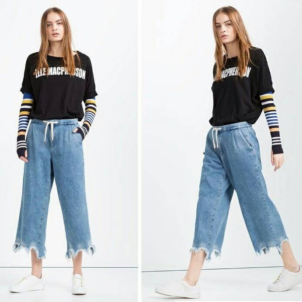 ZARA Limited Edition Y2K Acid Wash Hellblau Ausgefranste Wadenmitte Weites Bein Cropped Denim Culottes Hose Jeans w Kordelzug Taille Unisex Medium M