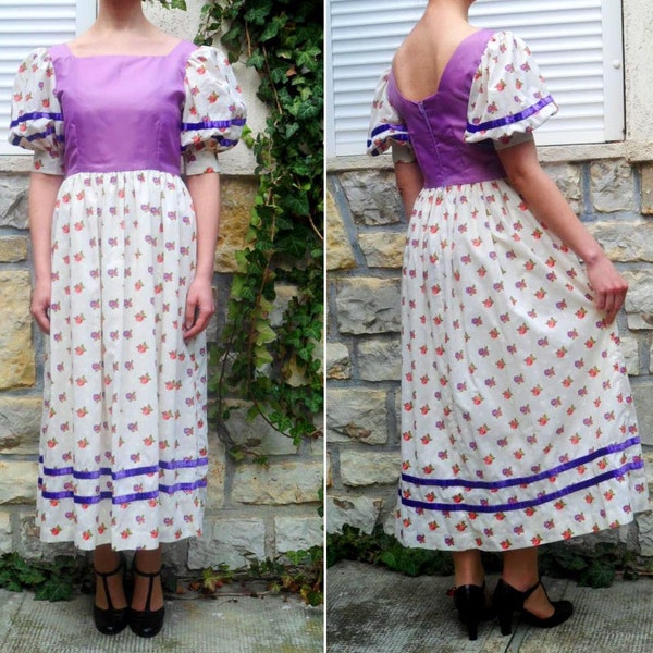 Lavender Super Puff Sleeve Vintage Traditional Style Floral Print Peasant Dress Lightweight Cotton Fit & Flare Gown Women's Small Medium S M