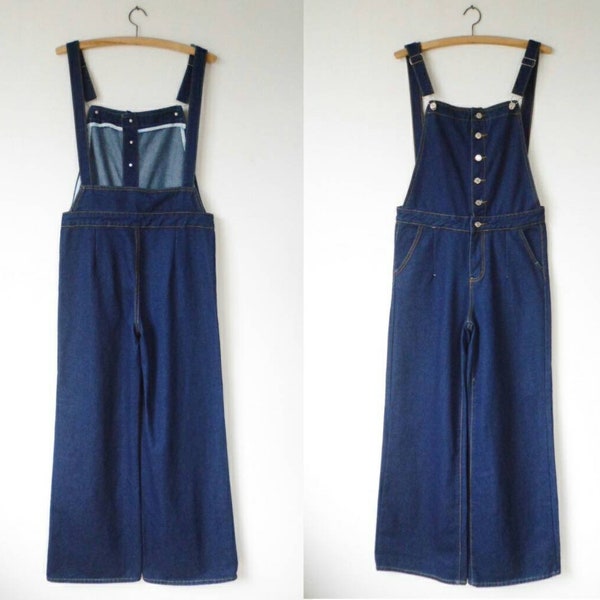 90s Does 70s Dark Blue Denim Slouchy Wide Flare Bell Bottom Leg Loose Relaxed Fit Bib Suspender Overalls Dungarees Like New Womens Medium M