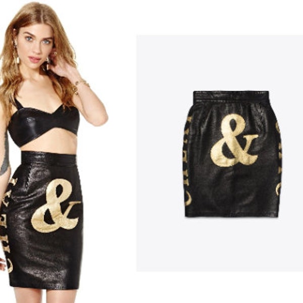 As Seen On Lady Gaga MOSCHINO Super Rare Cheap & Chic Black Leather High Waist Skirt w/ Iconic Gold Letters Made In Italy Small Medium S M