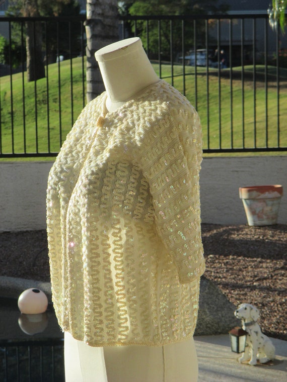 Peter Freund 60's cream sequins vintage knit top … - image 2