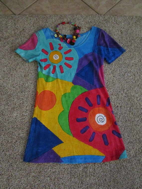 Hand Painted colorful short sleeve Artsy Dress