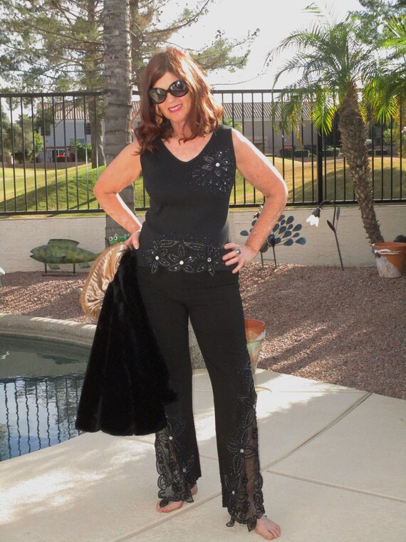2pc black cut out blingy jeweled beaded tank/match