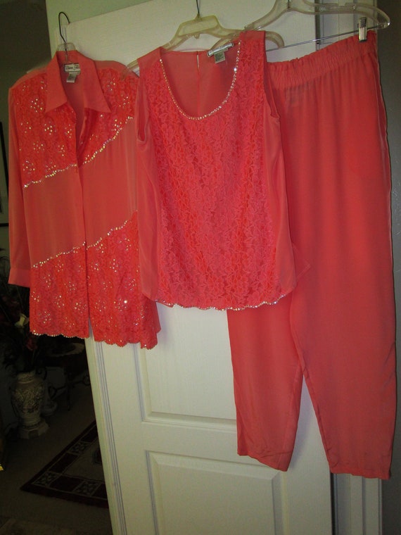 3pc Vintage coral silk sequins pants set