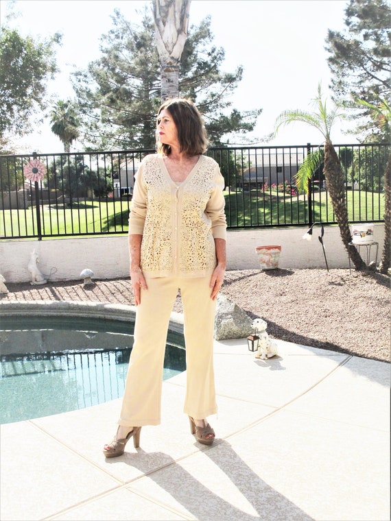 Escada 2pc cream cutout cardigan twinset knit pant