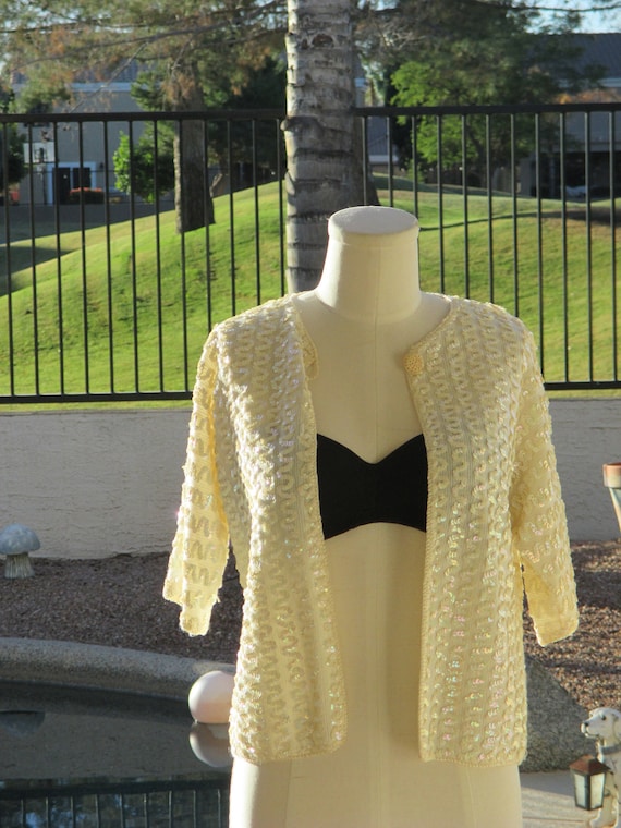 Peter Freund 60's cream sequins vintage knit top … - image 1