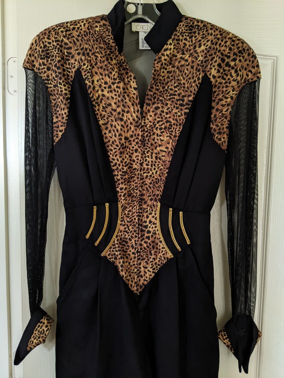 1980's Cache leopard print and  black jumpsuit cat