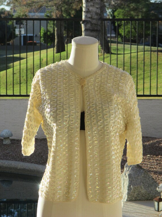 Peter Freund 60's cream sequins vintage knit top … - image 3