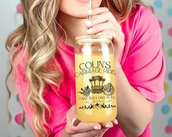 Bridgerton Themed 16oz Glass Tumbler with lid and straw. Colin's Carriage Rides, Take the long way... Bridgerton Season 3.